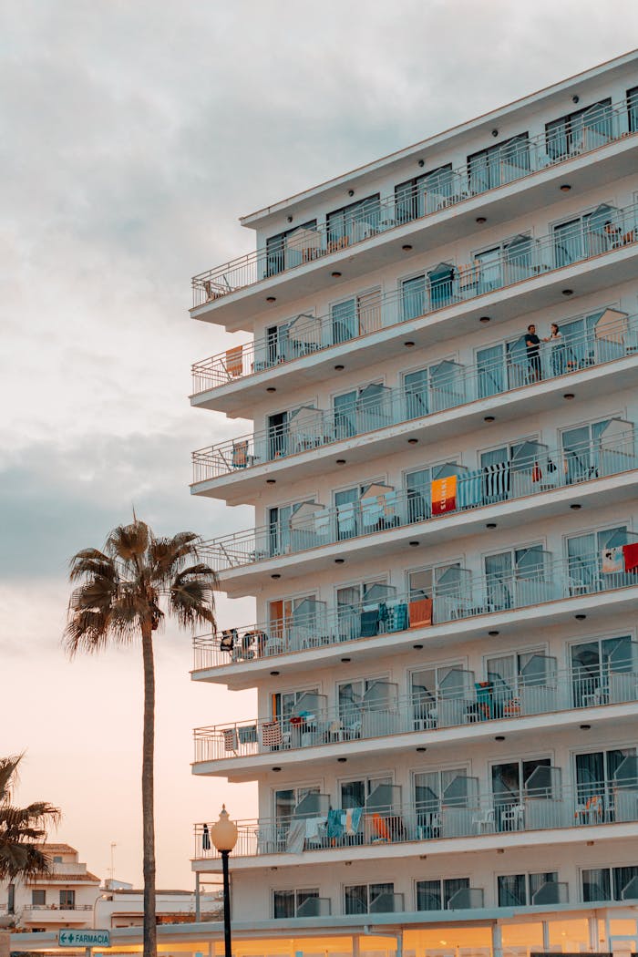 A tall modern apartment building with balconies in Palma de Mallorca, Spain.